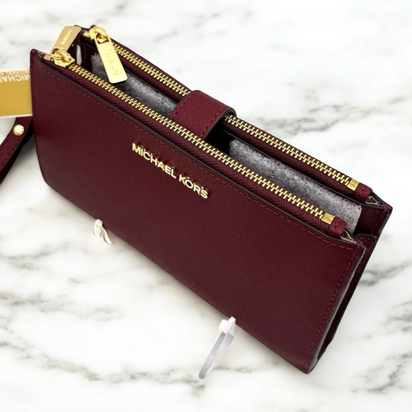 Michael Kors Large Jet Set Travel Double Zip Wallet Dark Cherry - Picture 7 of 9